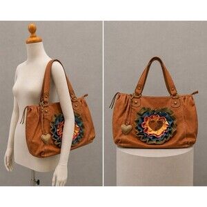 XOXO Tan Boho Floral Applique Tote Shoulder Bag Faux Leather Large Purse